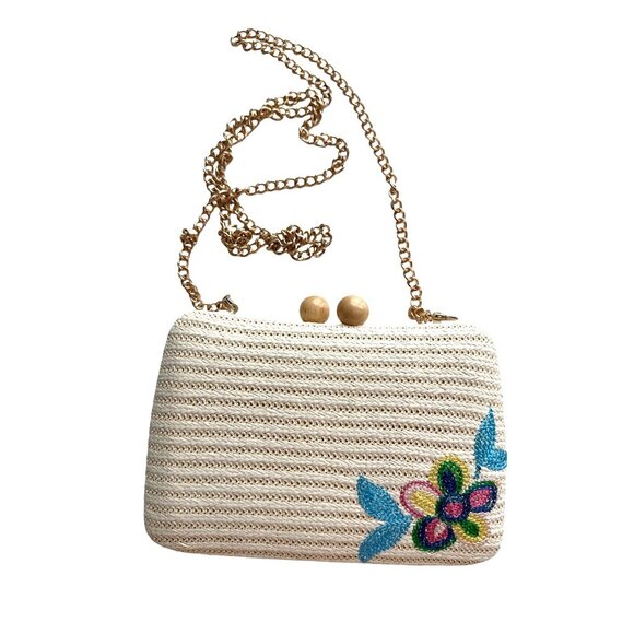 Haute Hippie Handbags - Haute Hippie Straw Hard Case Embroidered Gold Chain Crossbody Boho Bag